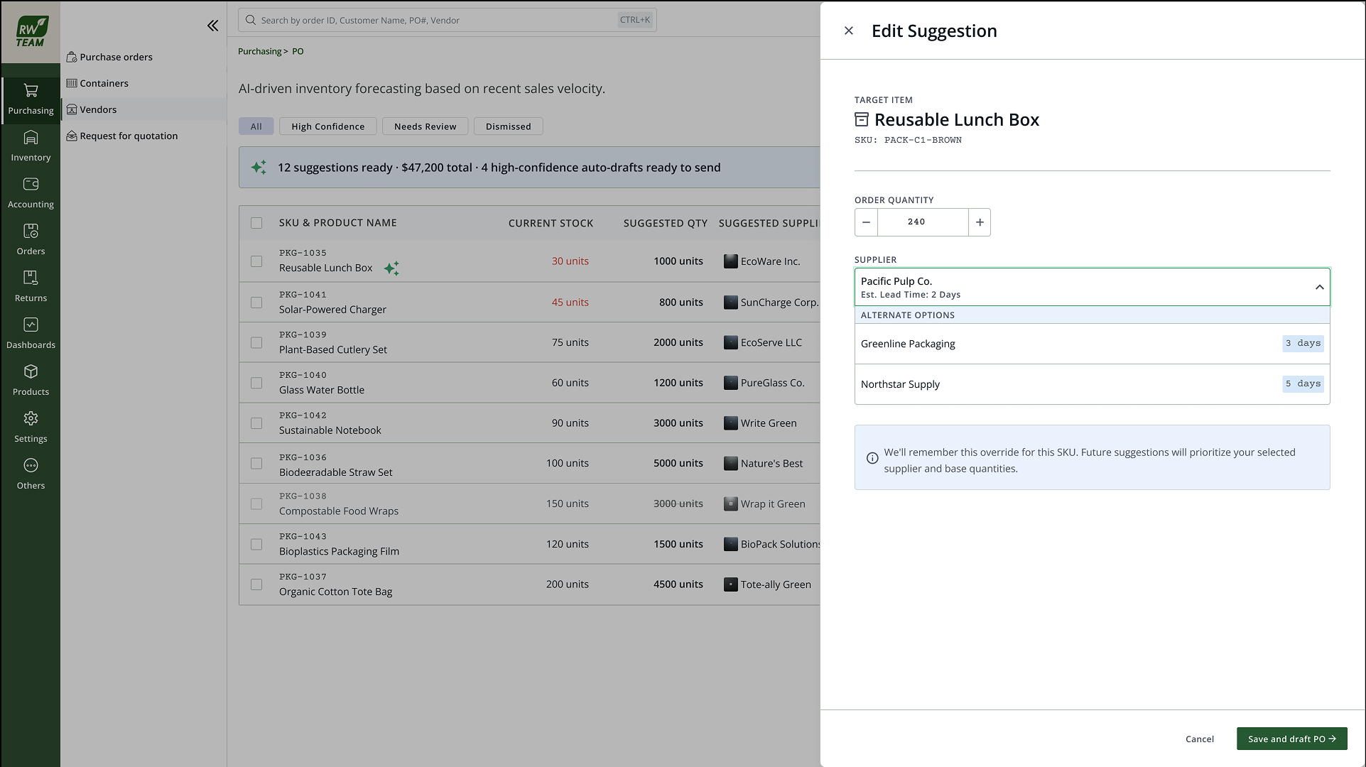 Edit suggestion panel, adjust quantity, swap supplier with alternates, override remembered for future suggestions
