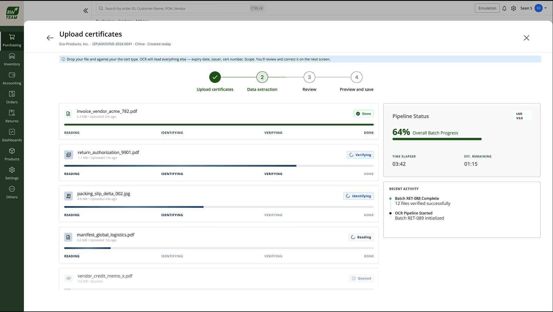 Data extraction. OCR pipeline reading, identifying, and verifying each document in batch