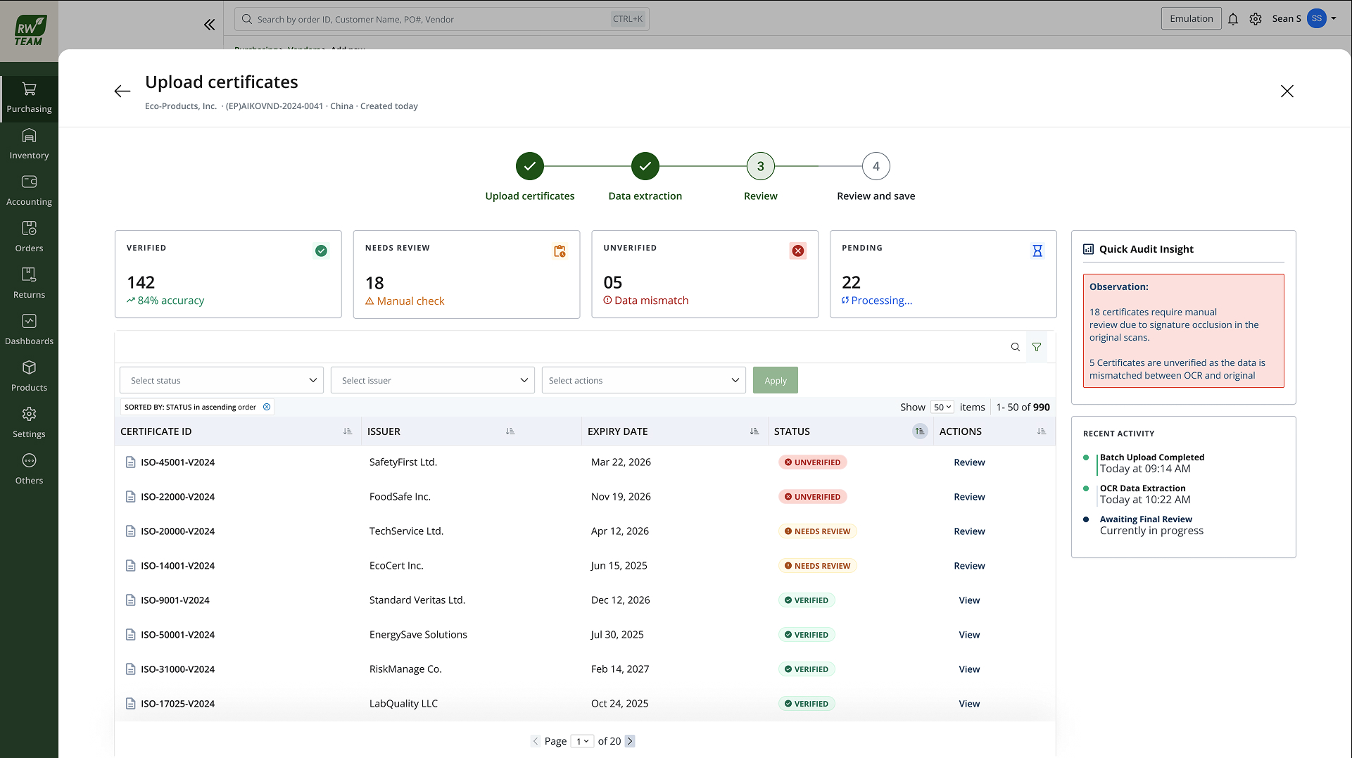 Review queue, verified, needs-review, unverified, and pending certificates with audit insight