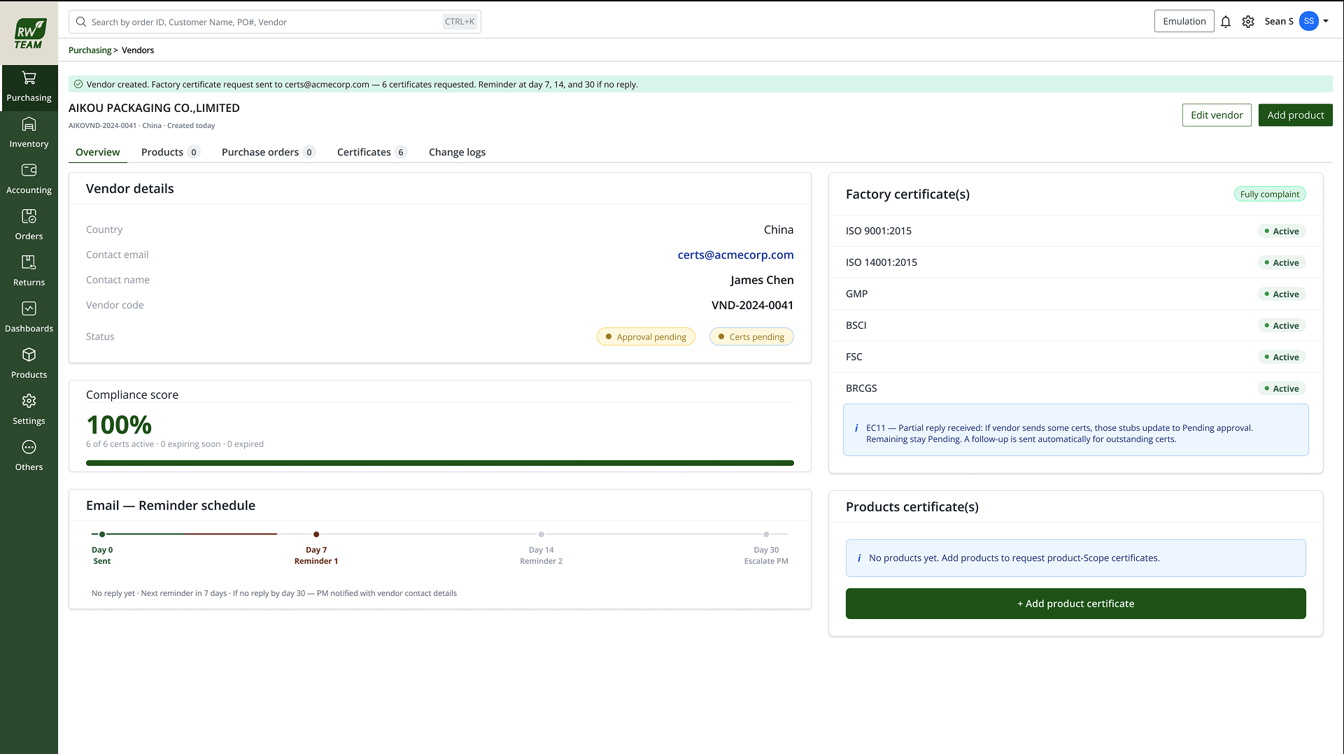 Vendor profile, factory certificates, compliance score, and automated reminder schedule