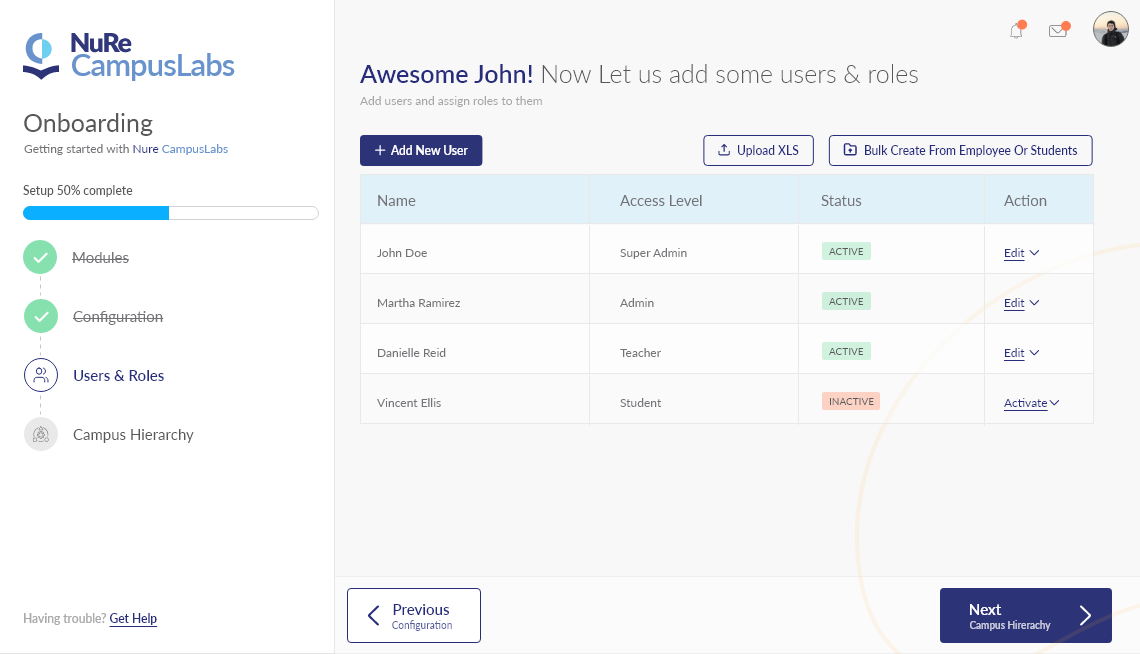 NureCampus users management screen