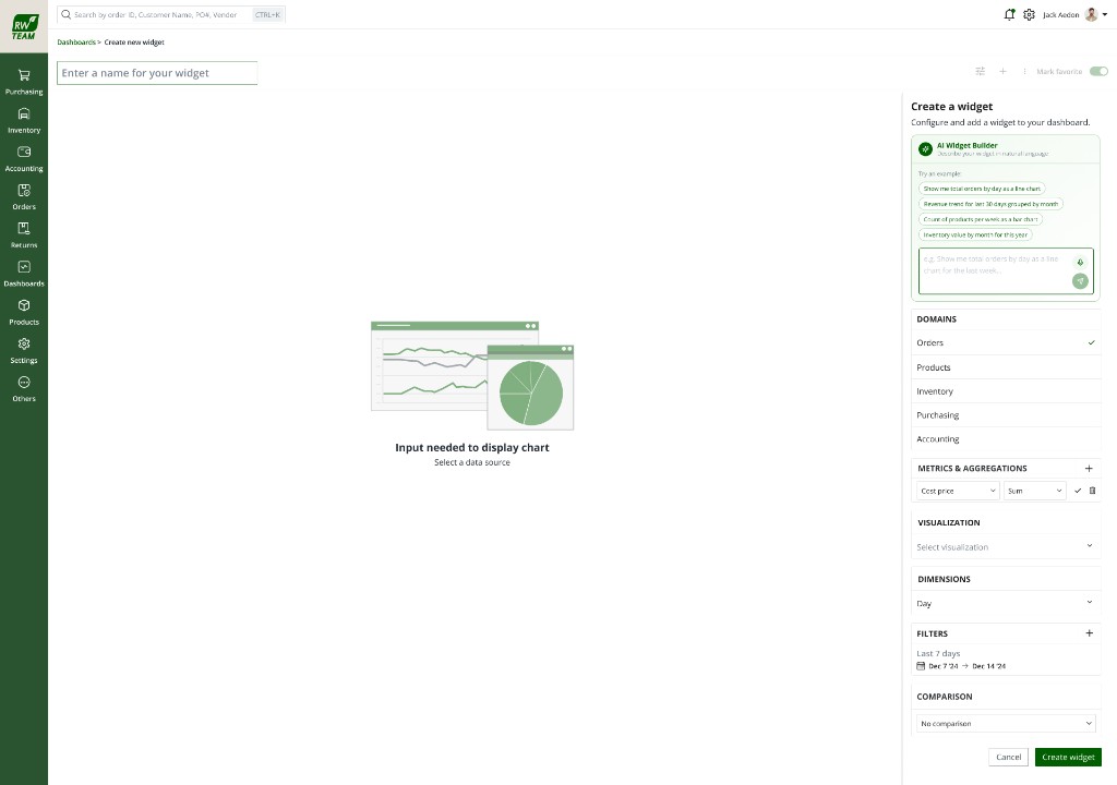 AI widget builder — empty canvas with natural-language input and example prompts